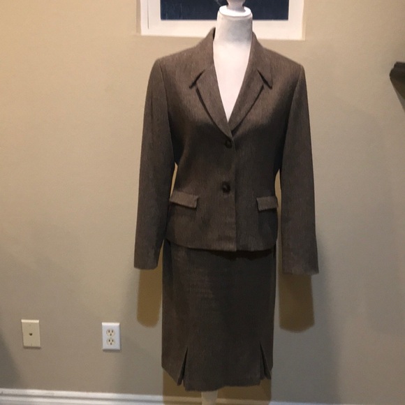 Worthington Brown Tweed Wool Blend Skirt Suit Pleated Hem Side Zip Lined-12 - Picture 1 of 16